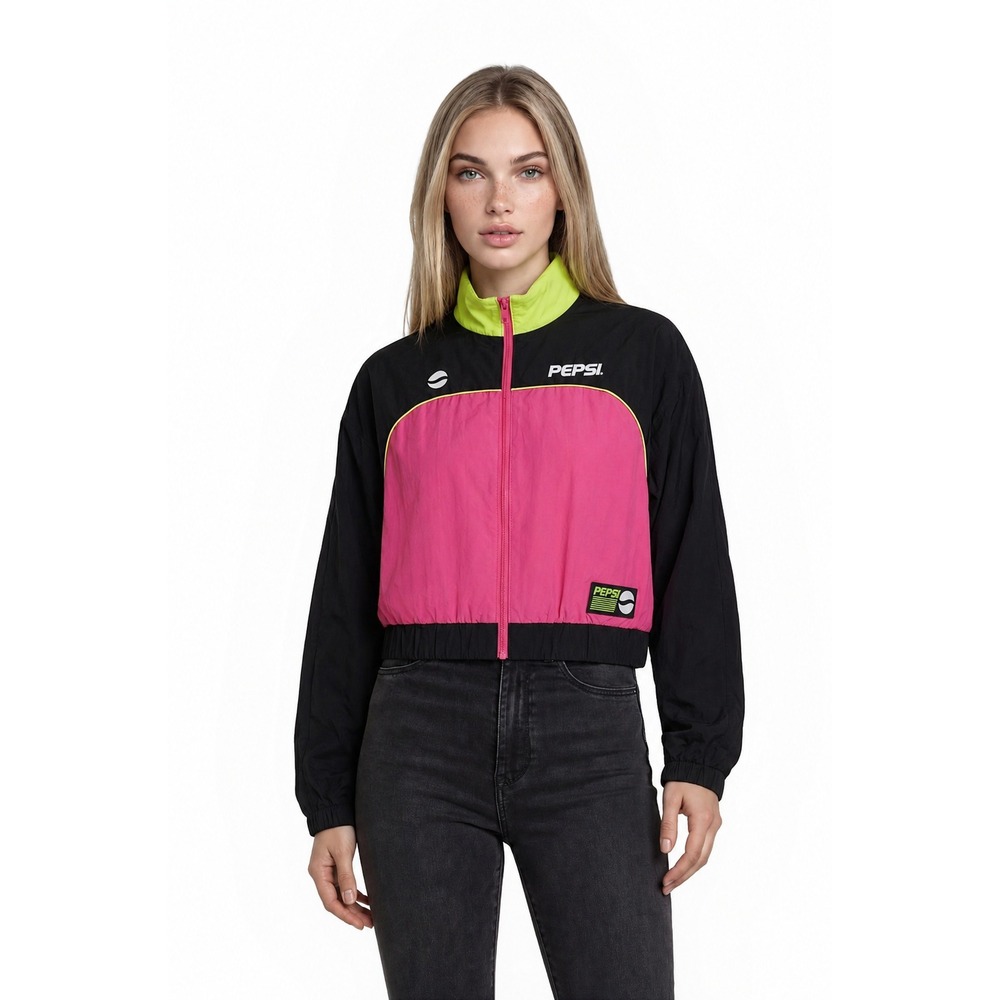 Forever 21 Pepsi Windbreaker Jacket‎ Women's Size Small Black Pink Neon Crop Y2K